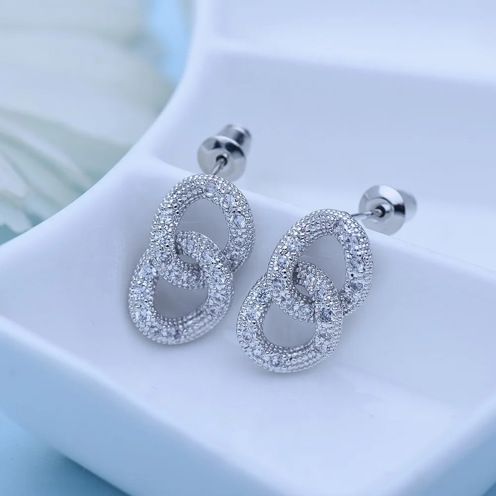 LUOTEEMI 2 Small Round Connected Stud Earring For Women Bridal Wedding Twisted Silver Color Korean Unusual Design Zircon Earring