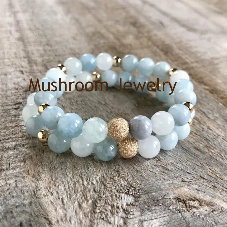 Boho Chic Brushed Gold Ball Bracelet For Women Healing Bracelet Aquamarine Beads Natrual Stone Bracelet Metal Bracelet