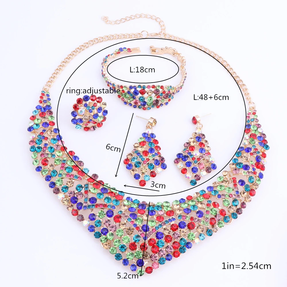 Women High Quality Crystal Choker Statement Necklace Bracelet Earring Ring Wedding Gift Brides Prom Party Jewelry Set