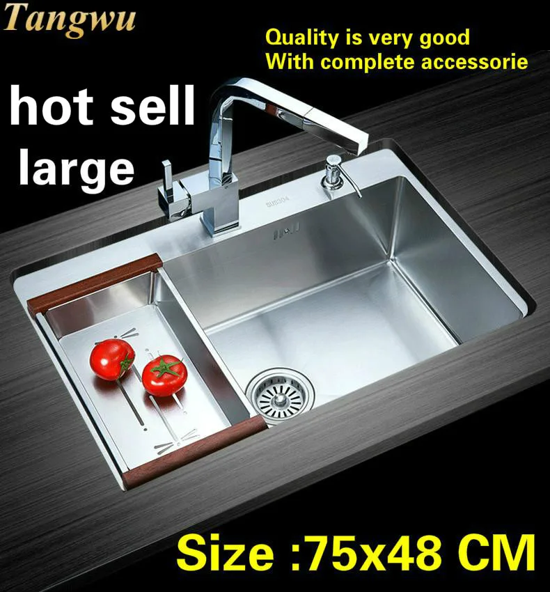 

Free shipping Hot sell luxury big kitchen manual sink single trough food grade durable 304 stainless steel standard 750x480 MM