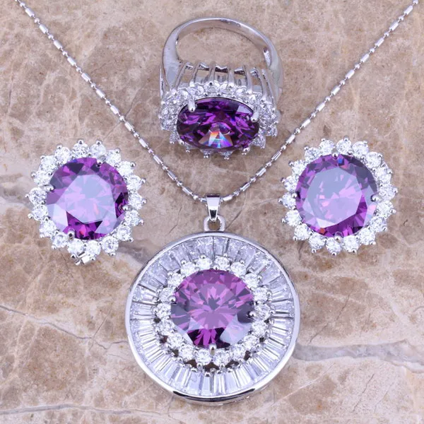 

Purple Cubic Zirconia White CZ Silver Plated Jewelry Sets Earrings Pendant Ring Size 6 / 7 / 8 / 9 / 10 S0017