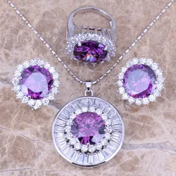 Purple Cubic Zirconia White CZ Jewelry Sets Earrings Pendant Ring Size 6 / 7 / 9 / 10 S0017