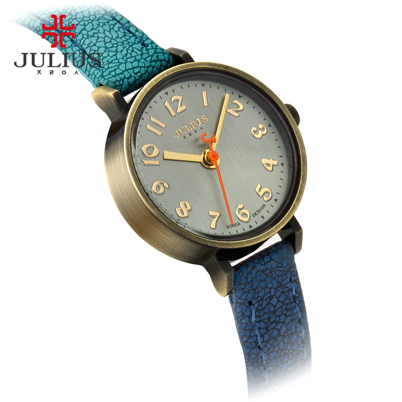 Blue Jeans Watch Women Antique Quartz Julius Watches Luxury Brand Casual Cool Gradient Leather Strap Bronze Whatch Clock JA-855