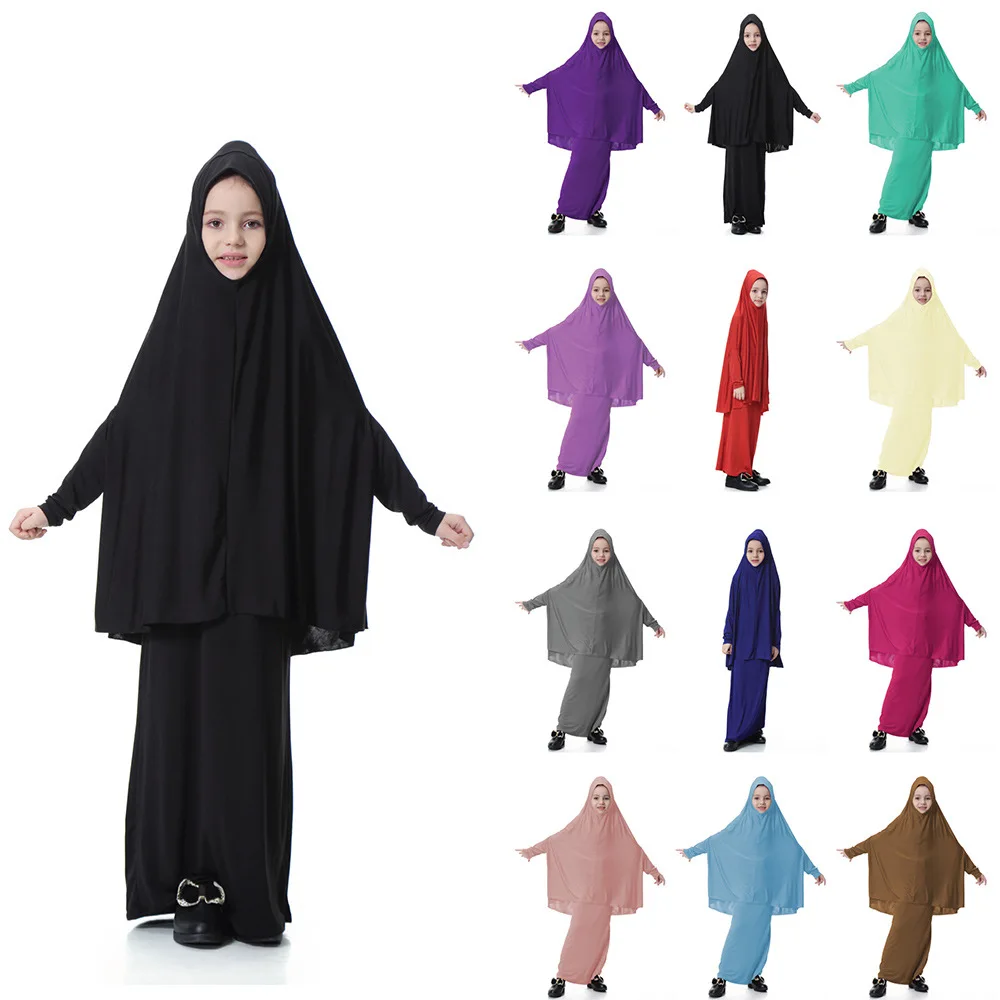 Muslim Kids Girls Hijab Caps+Skirt 2Pcs Set abaya Maxi Dress Islamic Clothes Muslim Prayer Garment Arabia Full Cover CN-061