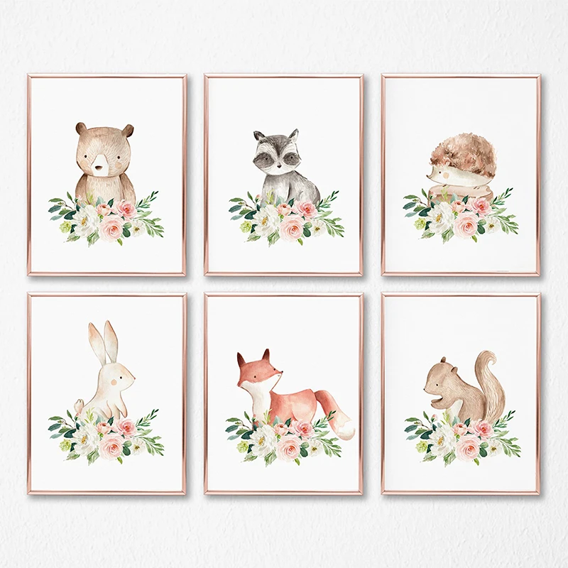 Woodland Animals Nursery Wall Art Canvas Posters Print Watercolor Blush Pink Flower Painting Pictures Baby Girls Room Decoration