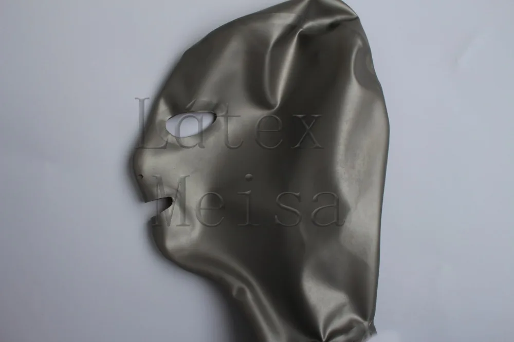 Latex masks men's rubber hoods open mouth eyes and nostrils in silver color with back zip