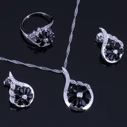 Flower Black Cubic Zirconia White CZ Silver Plated Jewelry Sets Earrings Pendant Nacklace Chain Ring V0320