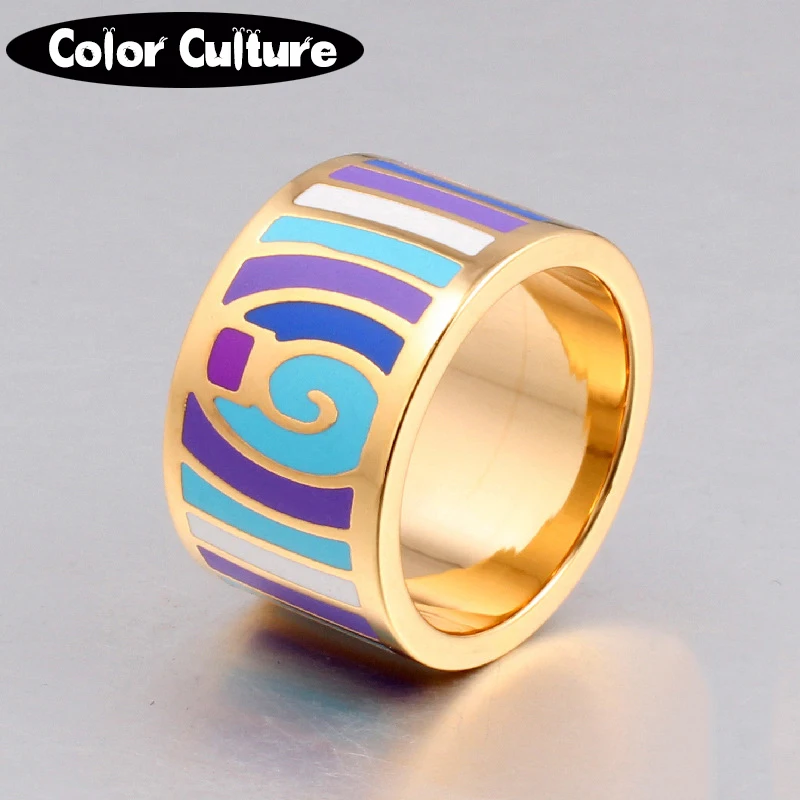 Color Culture Elegant Classic Stainless Steel Rings for Women 1.3cm Colorful Geometric Ceramic Scarf Rings Girlfriend Gift