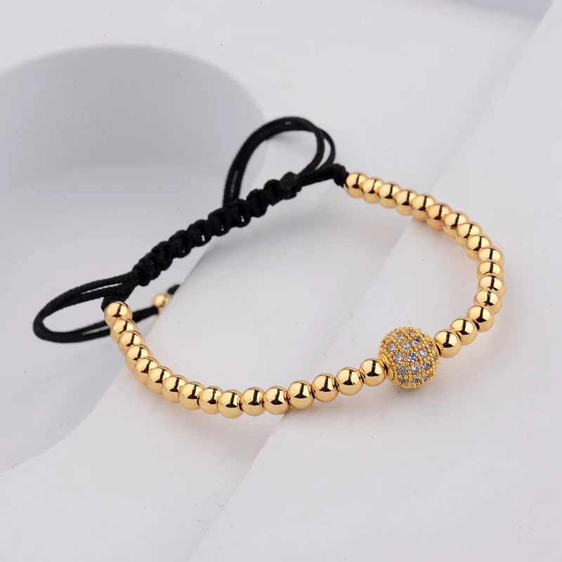 Braided Charm Men CZ Zircon Pave Copper Ball Bracelets Round 4mm Beads Gold Color Macrame Bracelets Party Gift AB1004