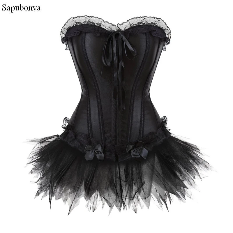 Sapubonva corset dresses halloween costumes corsets bustier dress with skirt set mini tutu skirt mesh corselet black plus size