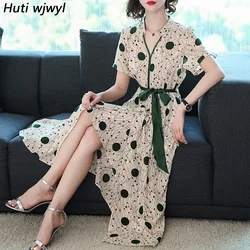 2024 Korean Vintage Silk Midi Dress Summer New Office lady White Print Elegant Boho Maxi Sundress Women Bodycon Party Vestidos