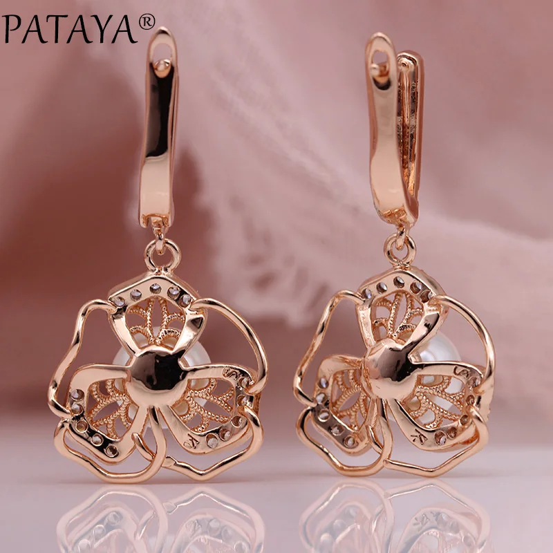 PATAYA New White Shell Pearls Earrings Rings Sets 585 Rose Gold Color Women Fashion Jewelry Set Natural Zircon Hollow Noble