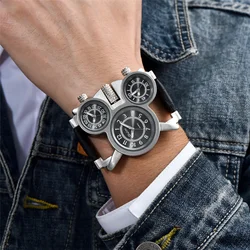 Oulm 1167 Three Time Zone Male Watch Outdoor Travel Casual Leather Strap Wristwatch Unique Design Men's Sport Quartz Watches