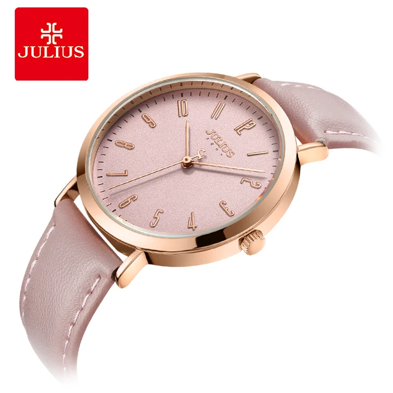 Julius Watch Brand New Original Designer Quartz Simple Women-watches Large Dial Pink Leather Strap Female Clock Montre JA-1017