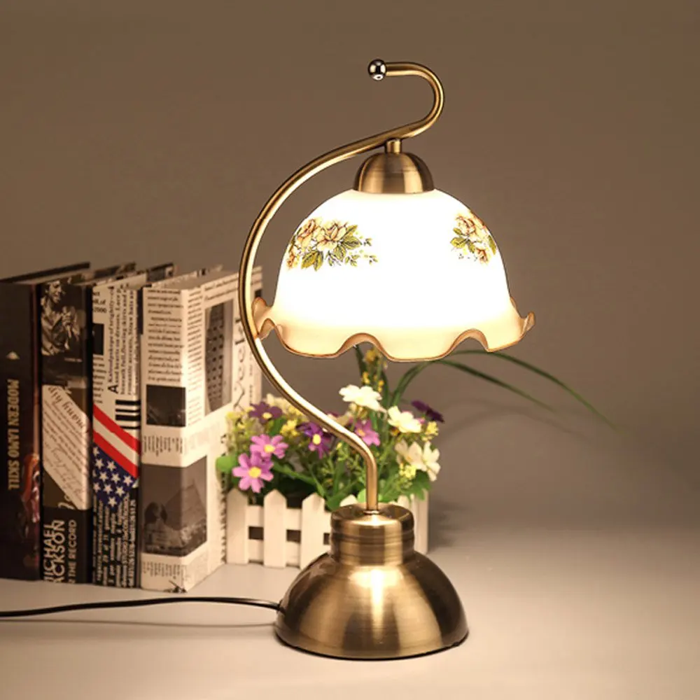 Vintage S-Shaped Bronze Table Lamp Ruffled Glass Shade Bedside Desk Light for Bedroom Living Room Study Office Hotel Decor
