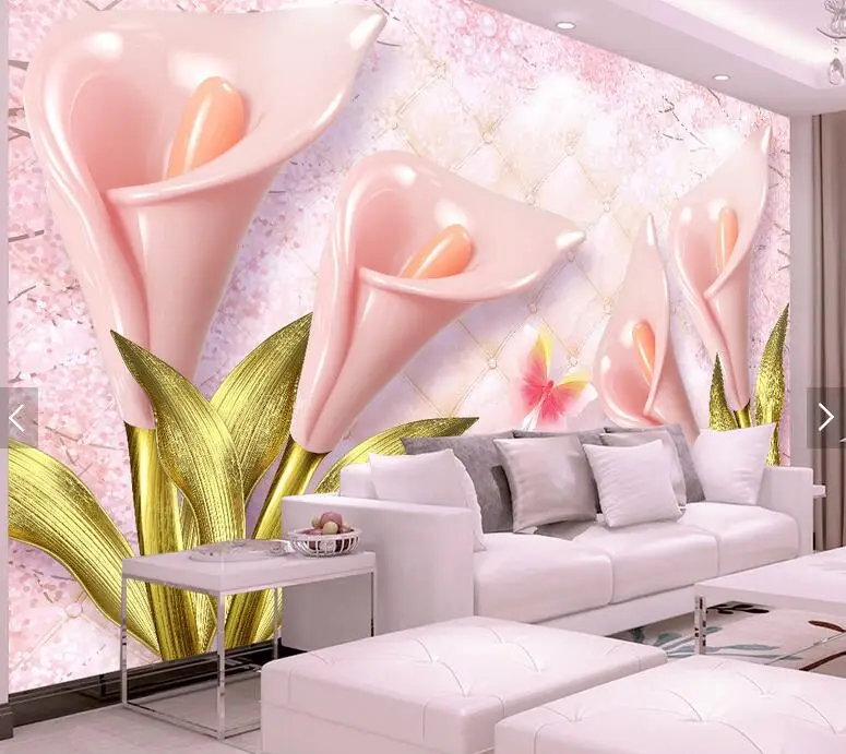 

Embossed common callalily floral 3d wall paper for living room contact walls pink flower photo wall murals