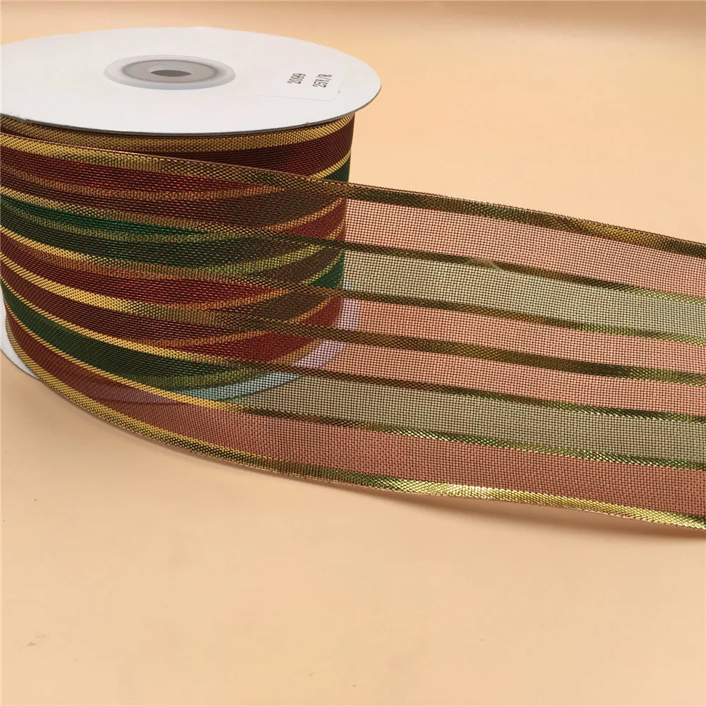 N2099 63mm X 25yards red gold green stripes metallic gift packaging wired edge ribbon