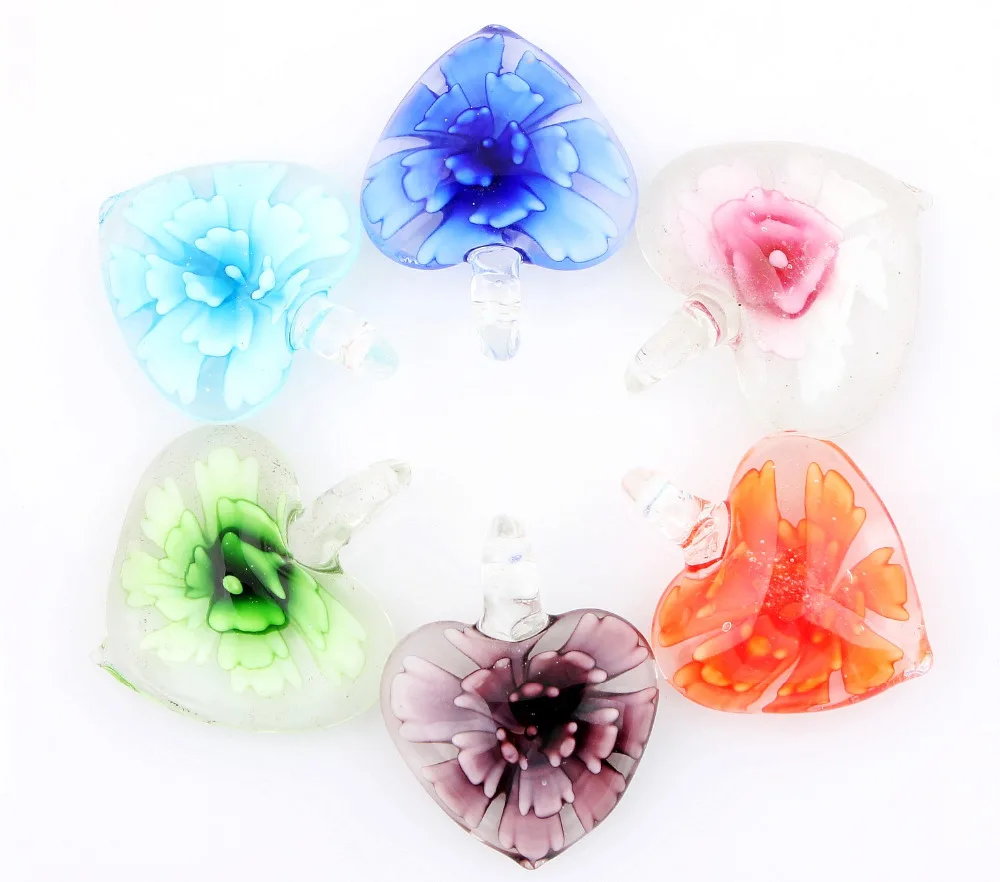 Qianbei Hot Sell Wholesale 6pcs Handmade Murano Lampwork Glass Mix Color Flower Heart Pendant Fit Necklace Jewelry