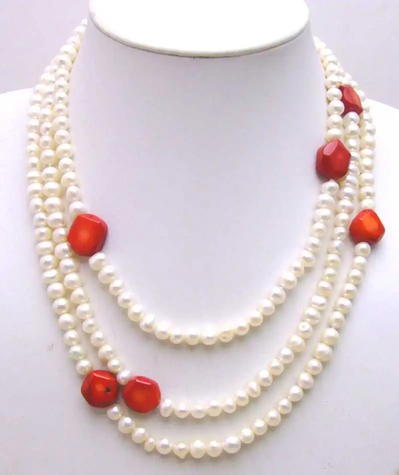 

Qingmos Long 60" White Pearl Necklace for Women with 6-7mm White Round Pearl & Red Baroque Coral Necklace Sweater Jewelry ne5753