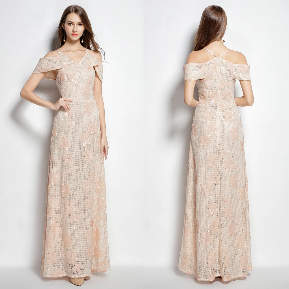 

B0076 New Straps V-neck Champagne Embroidery Sequin Long Cap sleeve women prom formal ball gown dresses maix A-Line