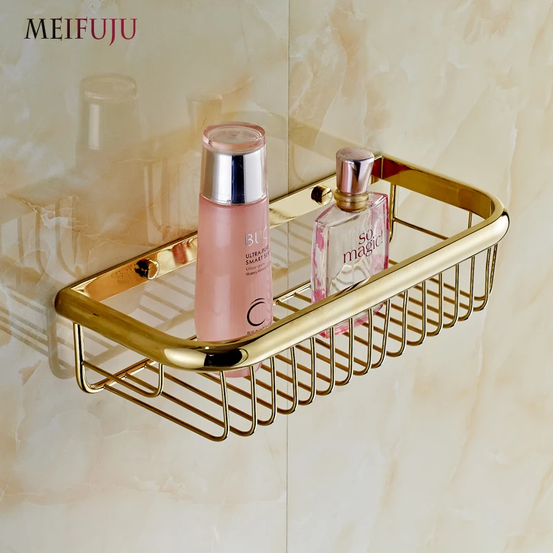 

Fashion Shampoo holder 30cm Wall Mounted Strong Brass made and Golden finish single tier bathroom shelf /shelves bathroom basket