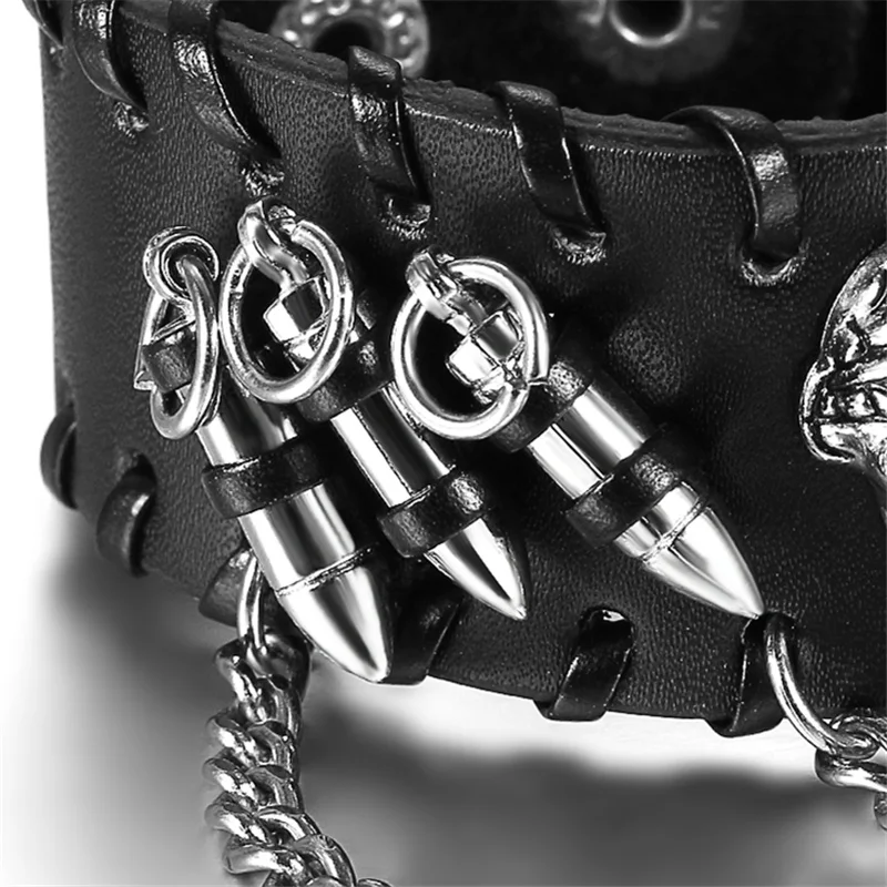 Boniskiss 2020 Punk Rock Black Men Wide Leather Bracelets Gothic Skull Cuff Bangle Skeleton/Bullet Charm Pulseiras Masculinas