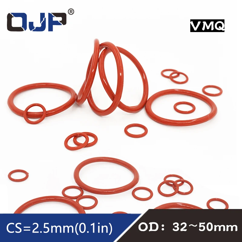 5PCS/lot Red Silicon Rings Silicone/VMQ O ring OD32/33/34/35/36/40/42/44/45/48/50*2.5mm Thickness Rubber O-Ring Seal Gaskets