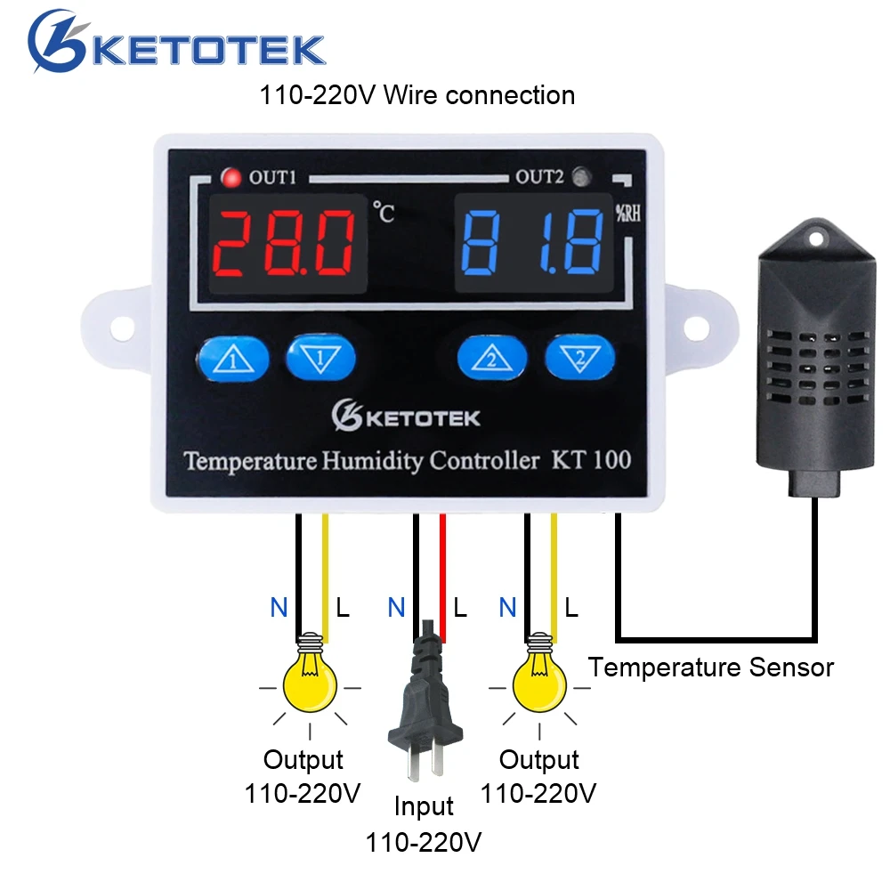 KT100 AC 110V 220V DC 10A Digital Temperature Humidity Controller Home Fridge Thermostat Humidistat Thermometer Hygrometer