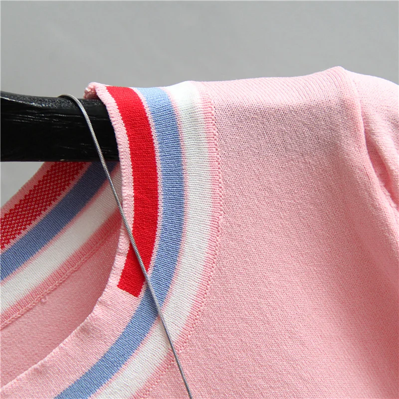 Casual Tees Women Knitting Tops patchwork short sleeve Ladies Shirts Summer sweaters Female Pullovers Pink White Loose