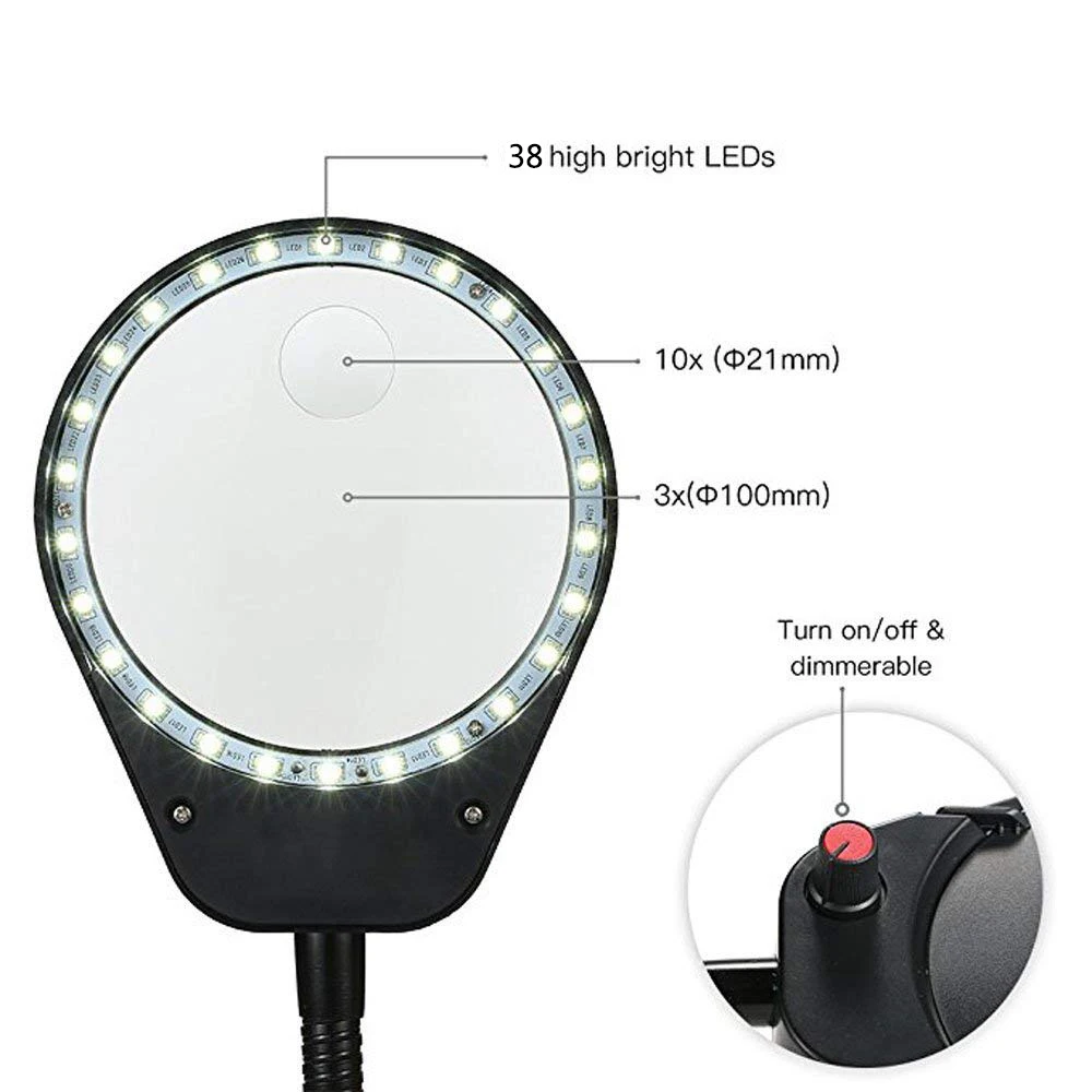 Desk Clip-on Magnifying Glass Lamp Lighted Illuminated Optical Magnifier for PCB Inspection Beauty Dentistry