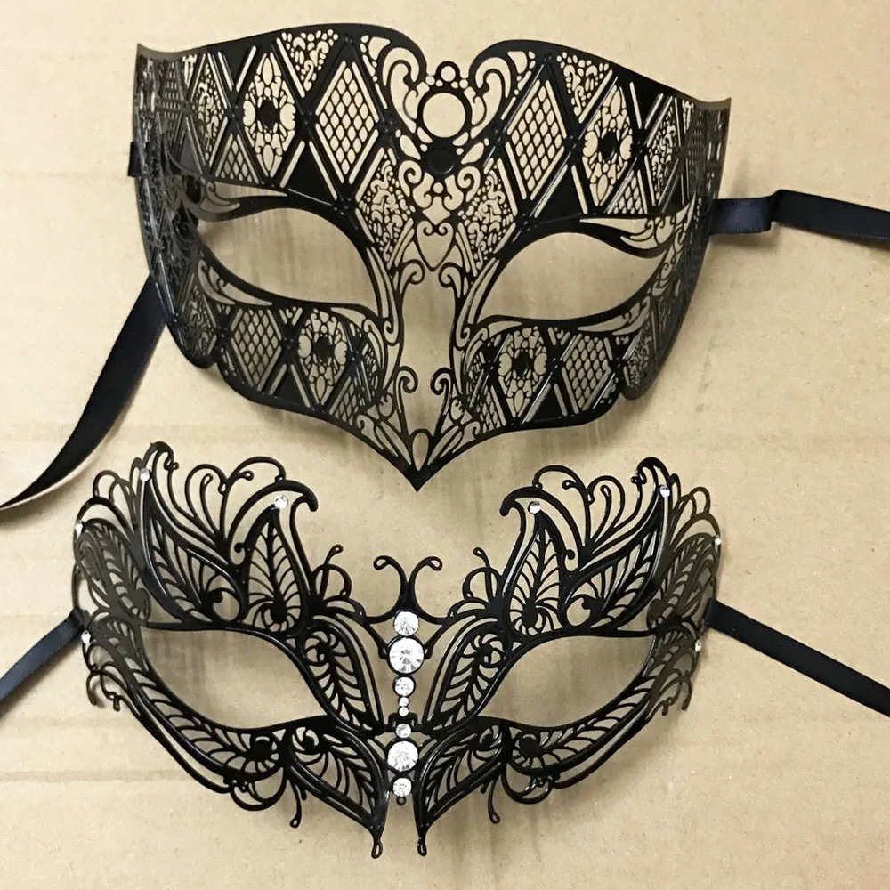 Luxury Silver Men Women Lovers Couple Venetian Party Masks Black Metal Laser-cut XMAS Costume Shows Wedding Masquerade Mask Set