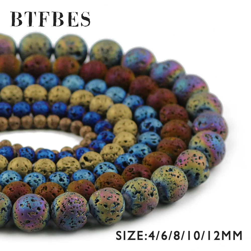 BTFBES Plating Multicolor Optional Lava Beads 4 6 8 10 12mm Volcanic Rock Natural Stone Loose beads DIY Jewelry Bracelet Making