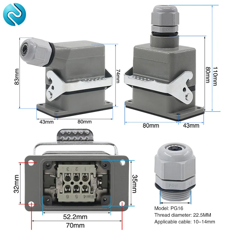 HDC-HE-06 Rectangular Heavy duty Connector  6pins Aviation Socket Industrial Waterproof Wire Connector 16A 500V