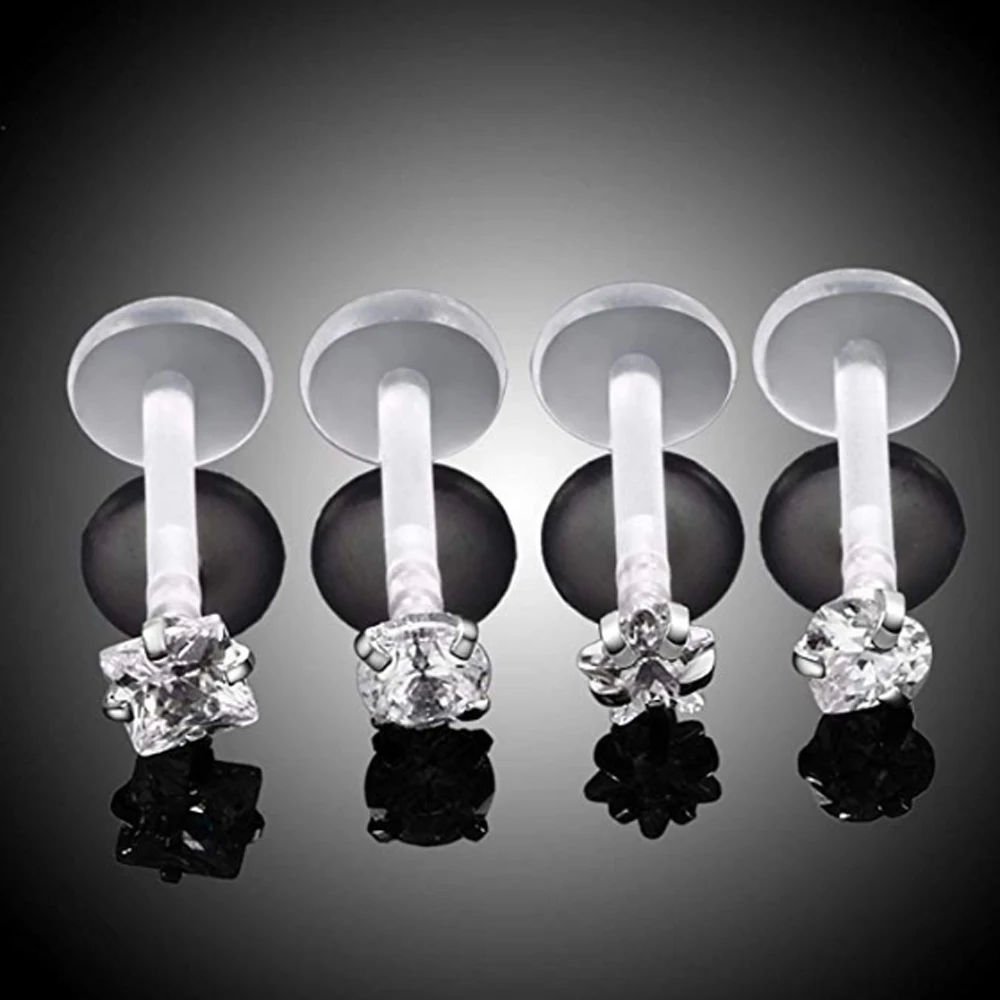 1PC Bioplast Flexible Push-in Labret Stud Lip Piercing Press Fit 3mm Crystal Zircon Ear Cartilage Tragus Helix Jewelry