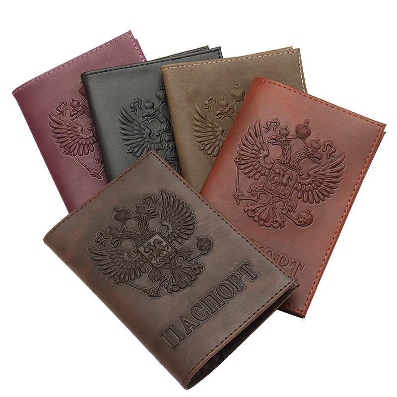 2024New Vintage Style Russian coffee Crazy horse Genuine Leather Passport Holder Cover Case