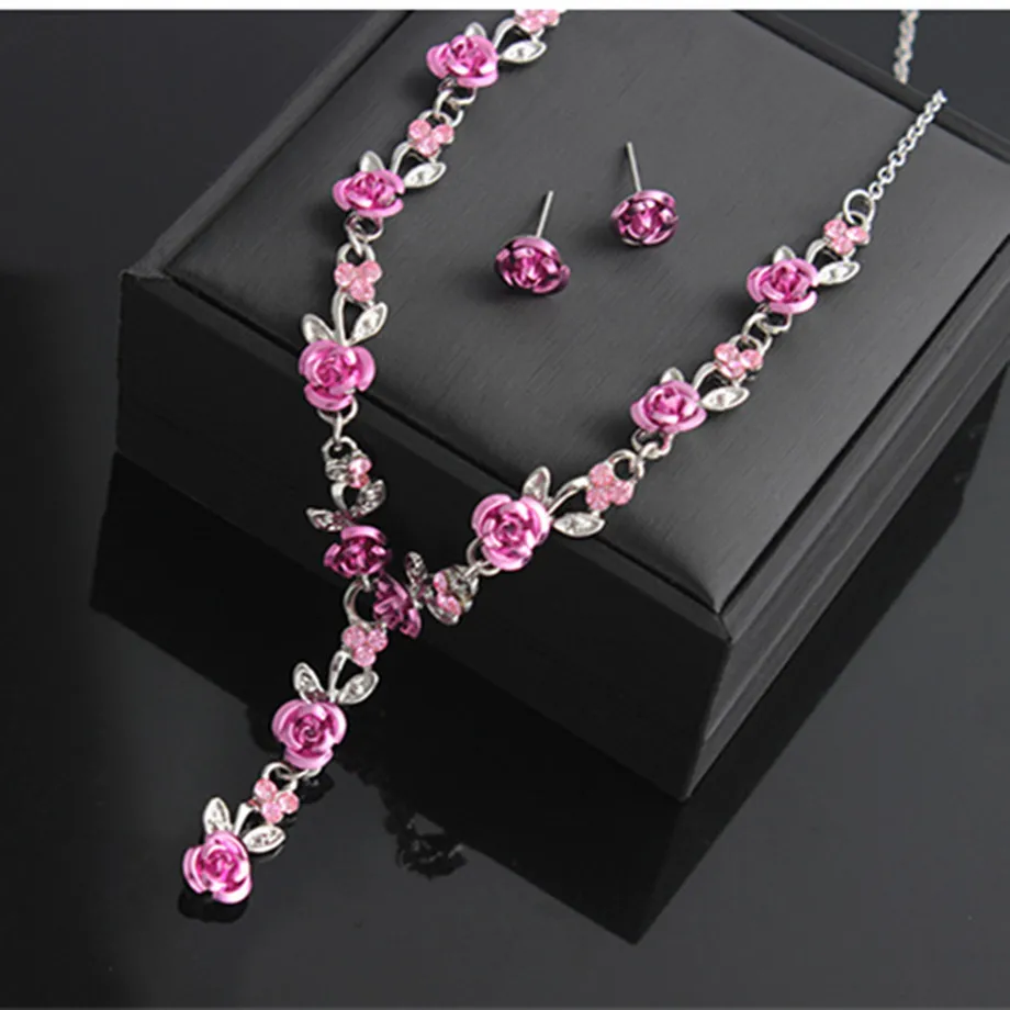 Dropshipping New Wholesale Bridal Red Jewelry Sets Rose Flower Pendant Necklace Stud Earring Silver Color Jewellery Women