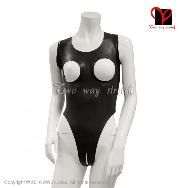 

Black Sexy Latex swimsuit sleeveless Open breast Open Crotch without zipper Rubber leotard bodysuit unitard high cut leg TC-025