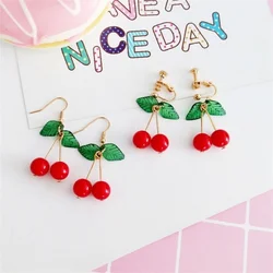 2019 Japanese and Korean Sweet Fashion Youth Girl Student Fruit Cherry Earrings Fresh and Simple Cute Women Earrings Ear Clips