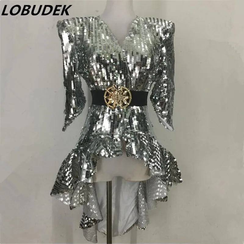 Gold Silver Sequins Tailcoat Dance Costume Jazz Women Team Performance Clothes DJ Singer Dancer Sexy Bar Nightclub Stage Wear