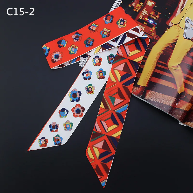 New Design Camellia Scarf Geometric Print Women Silk Scarf Fashion Head Scarf Brand Handle Bag Ribbons Small Long Scarves C15