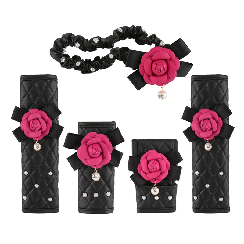 1PC Fashion Pearl Camellia Flower Car Seat Belt Cover Shoulder Pads Car Shifter Hand Brake Covers Auto Interior Accessories