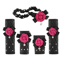 1PC Fashion Pearl Camellia Flower Car Seat Belt Cover Shoulder Pads Car Shifter Hand Brake Covers Auto Interior Accessories
