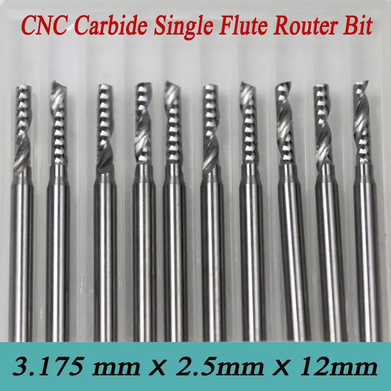 High Precision Grind High Quality 10pcs 3.175*2.5*12mm Single Flute Spiral CNC Router Bits Soild Carbide One Spiral Flute Bit