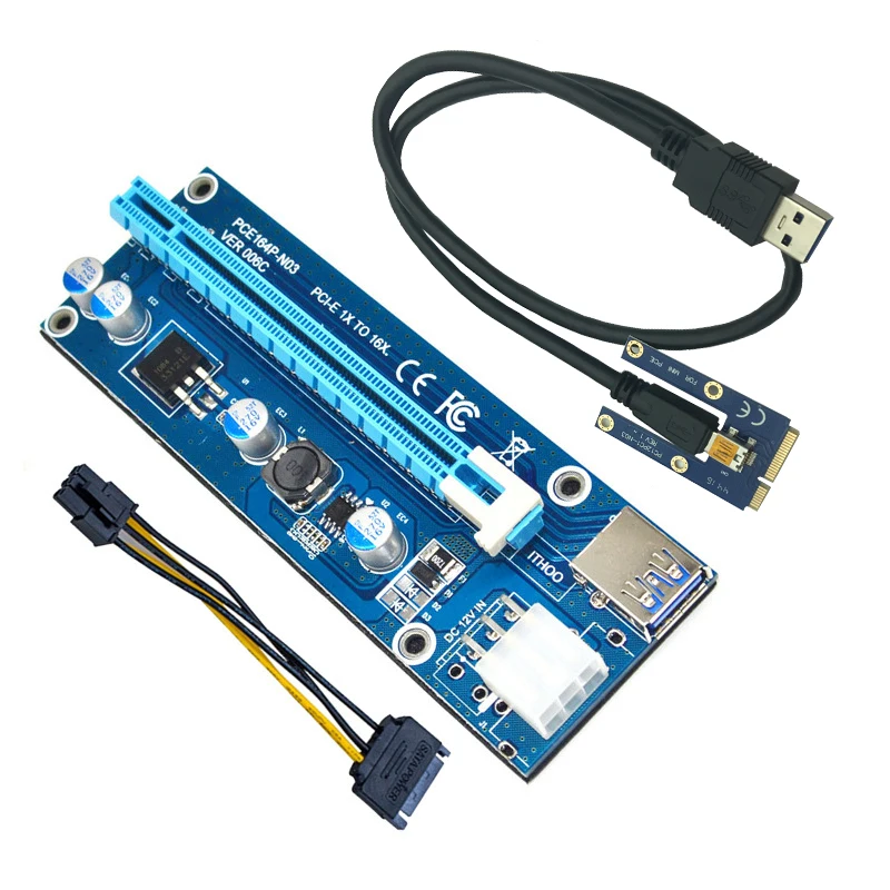 Mini PCI-E to PCI Express Extender Riser Card PCIE 1x to 16x Slot USB3.0 Data Cable SATA to 6Pin Power Supply for Bitcoin Mining