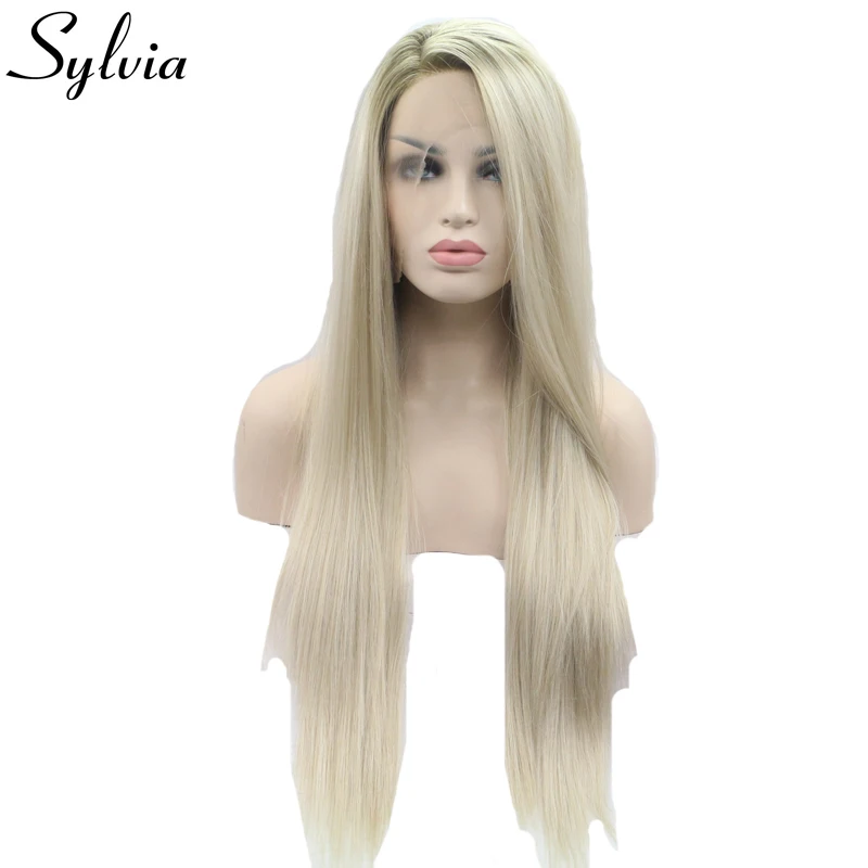 Sylvia Brown/Blonde Ombre Synthetic Lace Front Wig Long Silky Straight Wigs with Brown Roots Side Parting Heat Resistant Fiber