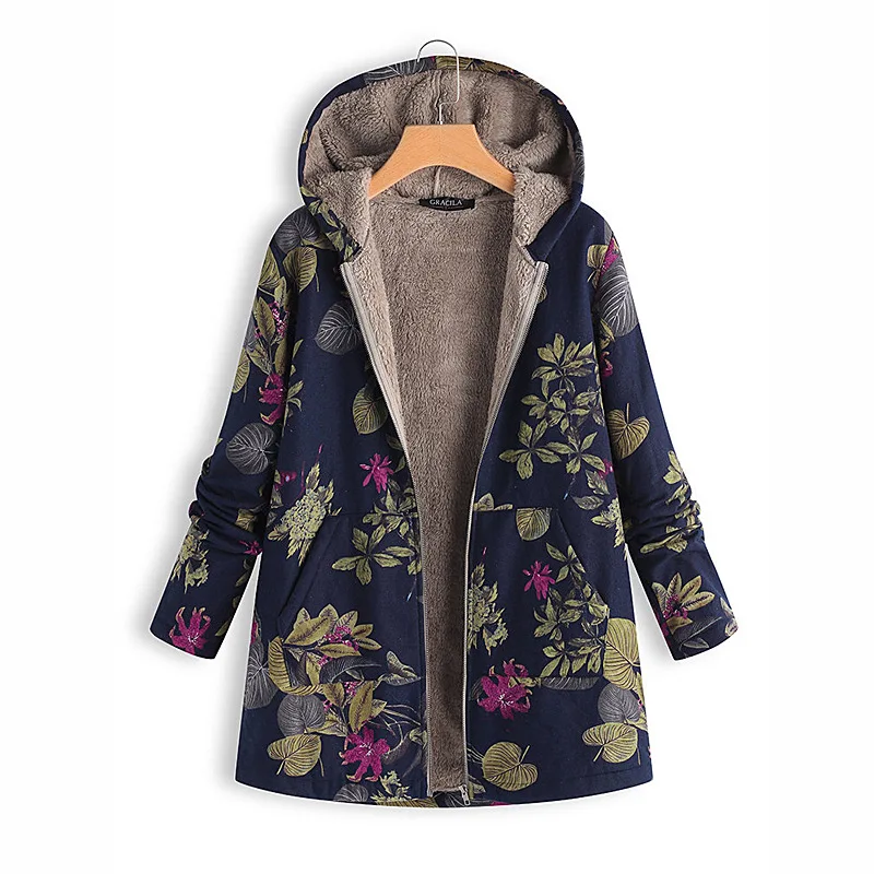 Printed Hooded Winter Women's Jacket cotton and Linen Vintage Slim Sweatshirt Medium Long Sleeve Warm Velvet Coat Female Outwear