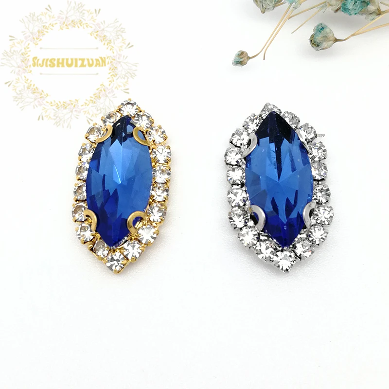 Light Sapphire Horse Eye Shape Glass Crystal Sew On Rhinestones With Silver Bottom Crystal Buckle Diy Wedding Dresss