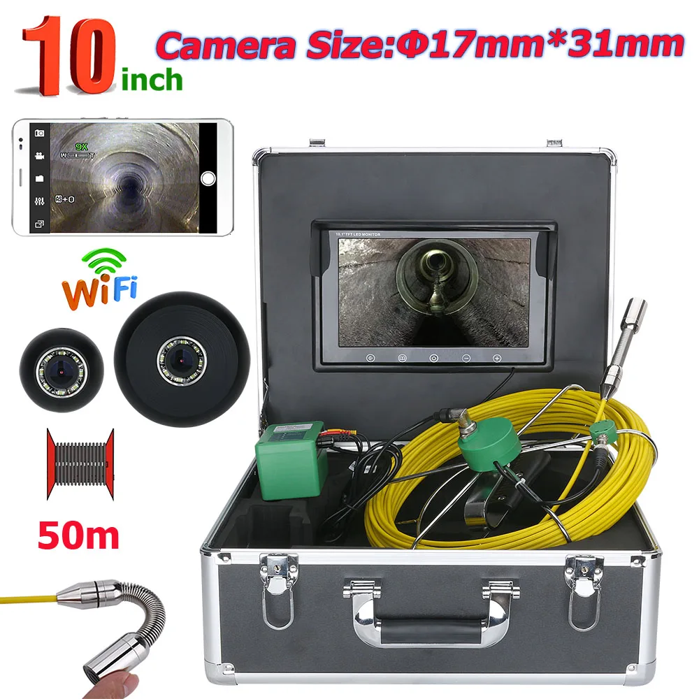 

MOUNTAINONE 10inch WiFi Wireless 17mm Industrial Pipe Sewer Inspection Video Camera System IP68 1000 TVL Camera with 8pcs LED