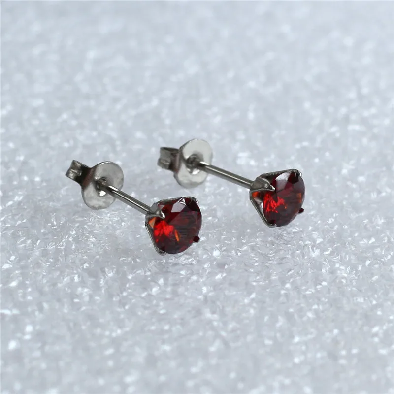 Pomegranate Red Zircon Stud Earrings Stainless Steel IP Planting 5mm Round