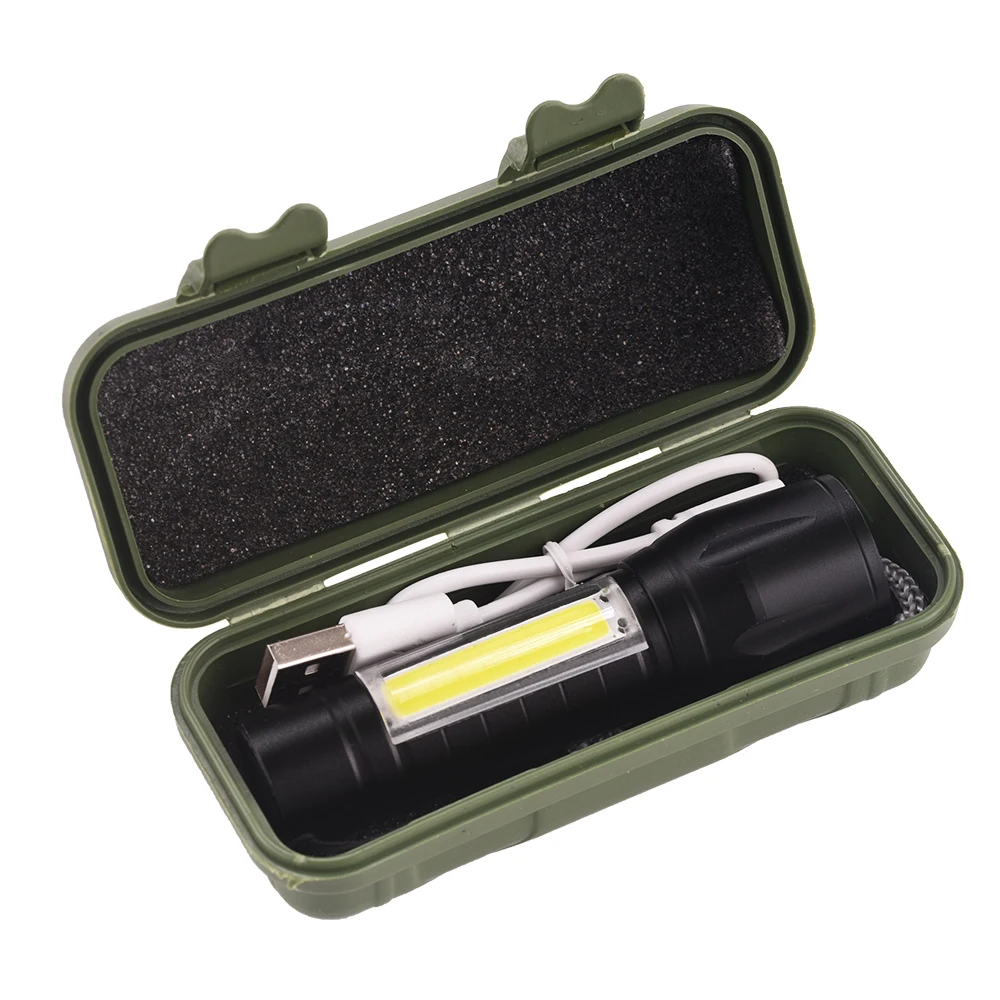 

Anjoet USB Rechargeable XPE+COB LED Zoomable Flashlight Torch Lamp Linternas Built in Battery With USB Cable Gift Box